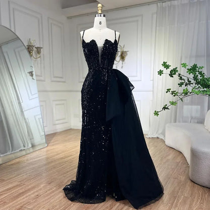 Himmelblau Spaghetti Strap Luxus Abendkleider Kleider 2025 Meerjungfrau Perlen Elegante Überrock Für Frauen Party LA72378 