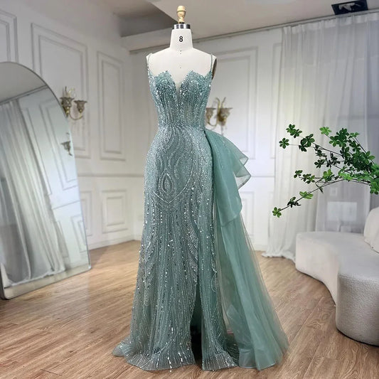 Himmelblau Spaghetti Strap Luxus Abendkleider Kleider 2025 Meerjungfrau Perlen Elegante Überrock Für Frauen Party LA72378 