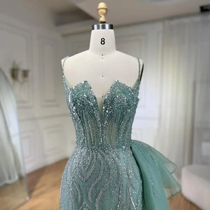 Himmelblau Spaghetti Strap Luxus Abendkleider Kleider 2025 Meerjungfrau Perlen Elegante Überrock Für Frauen Party LA72378 