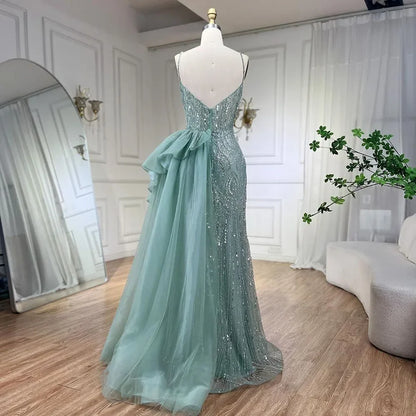 Himmelblau Spaghetti Strap Luxus Abendkleider Kleider 2025 Meerjungfrau Perlen Elegante Überrock Für Frauen Party LA72378 