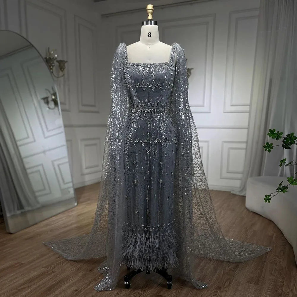 Splittergraues arabisches Meerjungfrau-Abendkleid mit Federumhang, Abschlussball- und Abendkleider für Frauen, Hochzeitsfeierkleider LA72334 
