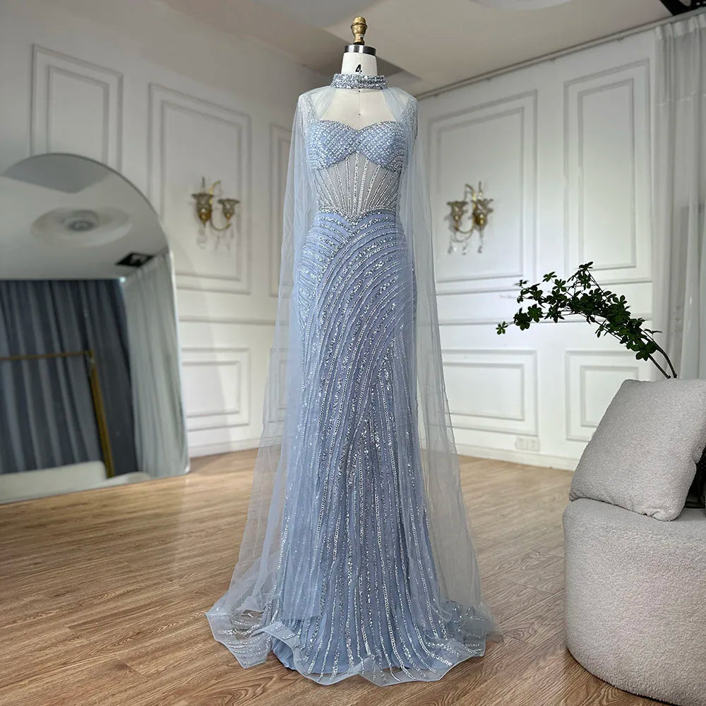 Spaghetti Strap Long Nude Mermaid  Beaded  Cape With Sleeves Evening Dresses Gowns 2025 LA72860