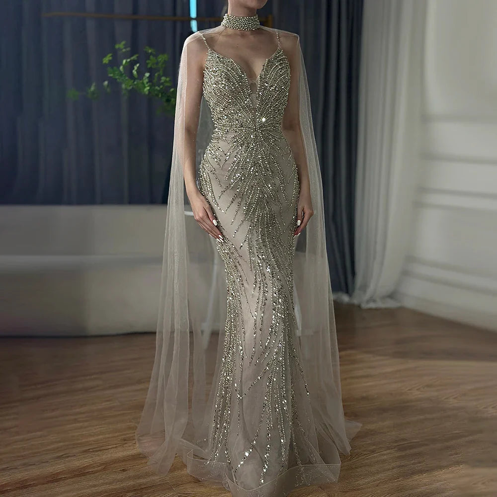 Vestido de noche de lujo con tirantes finos, estilo sirena, color caramelo y cuentas, para mujer, para fiesta 2025, LA72768 