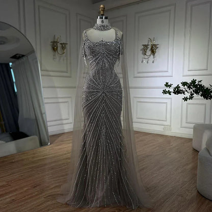 Spaghettiträger Langer Mantel Meerjungfrau Silber Nude Perlen Luxus Abendkleider Kleider für Damen Party 2025 LA72587 