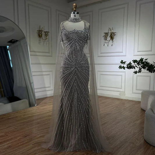 Spaghettiträger Langer Mantel Meerjungfrau Silber Nude Perlen Luxus Abendkleider Kleider für Damen Party 2025 LA72587 