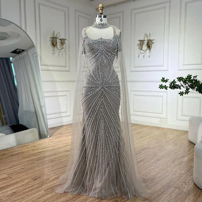 Spaghettiträger Langer Mantel Meerjungfrau Silber Nude Perlen Luxus Abendkleider Kleider für Damen Party 2025 LA72587 