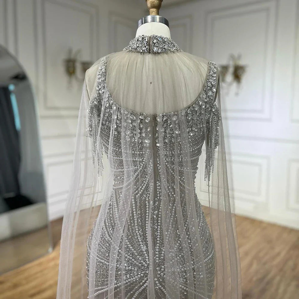 Spaghettiträger Langer Mantel Meerjungfrau Silber Nude Perlen Luxus Abendkleider Kleider für Damen Party 2025 LA72587 