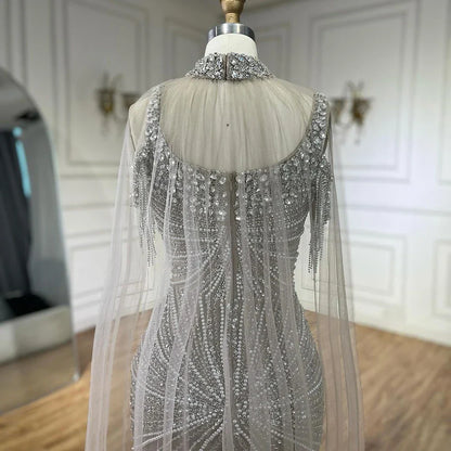 Spaghettiträger Langer Mantel Meerjungfrau Silber Nude Perlen Luxus Abendkleider Kleider für Damen Party 2025 LA72587 