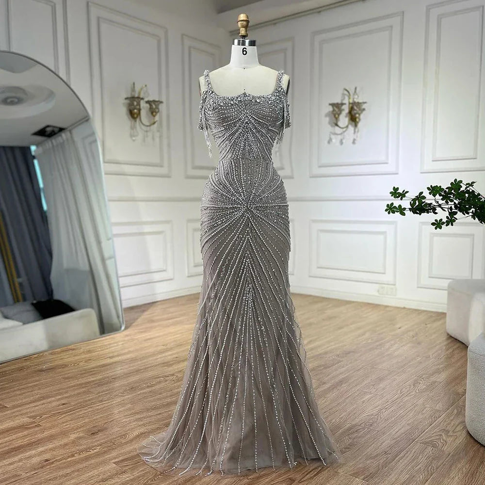 Spaghettiträger Langer Mantel Meerjungfrau Silber Nude Perlen Luxus Abendkleider Kleider für Damen Party 2025 LA72587 