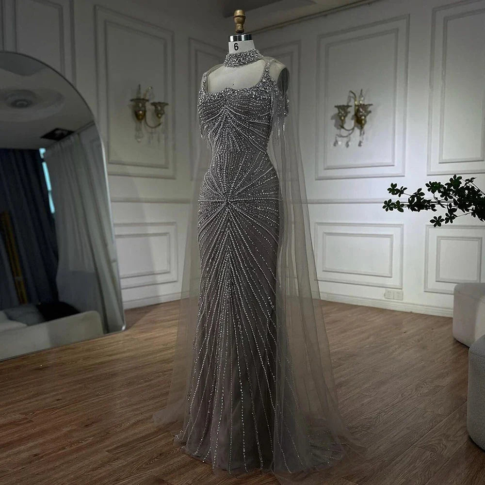 Spaghettiträger Langer Mantel Meerjungfrau Silber Nude Perlen Luxus Abendkleider Kleider für Damen Party 2025 LA72587 