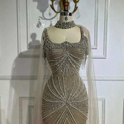Spaghettiträger Langer Mantel Meerjungfrau Silber Nude Perlen Luxus Abendkleider Kleider für Damen Party 2025 LA72587 