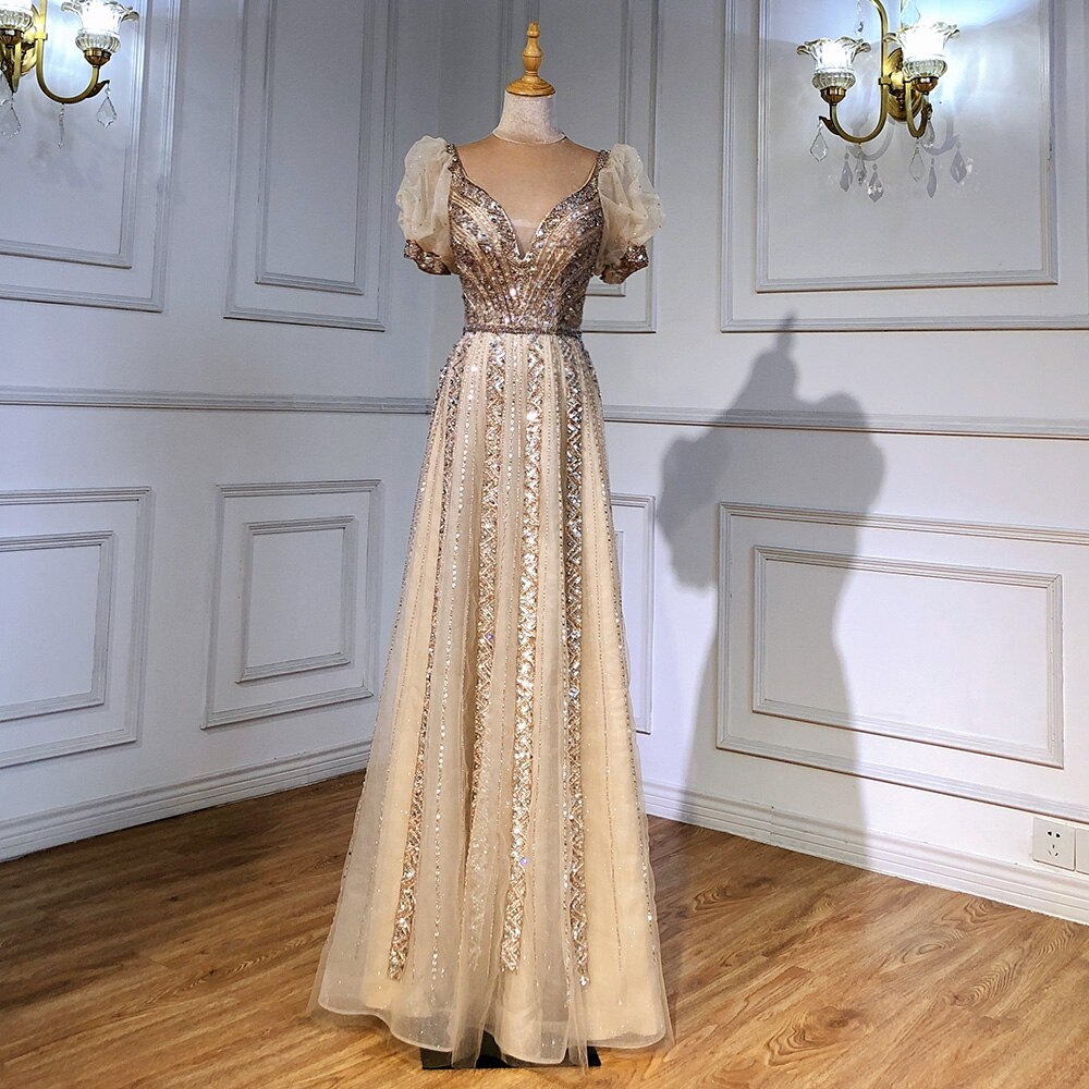 Vestidos de noche de lujo color topo, mangas cortas, corte A, con cuentas, para mujer, boda, fiesta, LA71551 
