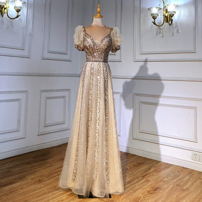 Taupe Luxury Short Sleeves Evening Dresses Gowns 2025 Beaded A-Line For Women WeddingParty LA71551