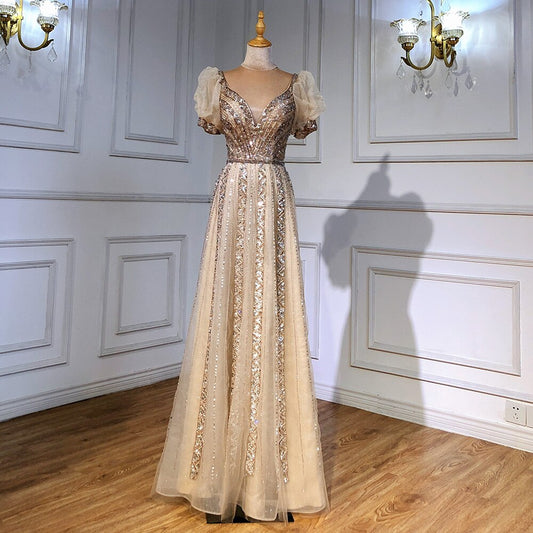 Taupe Luxury Short Sleeves Evening Dresses Gowns 2025 Beaded A-Line For Women WeddingParty LA71551