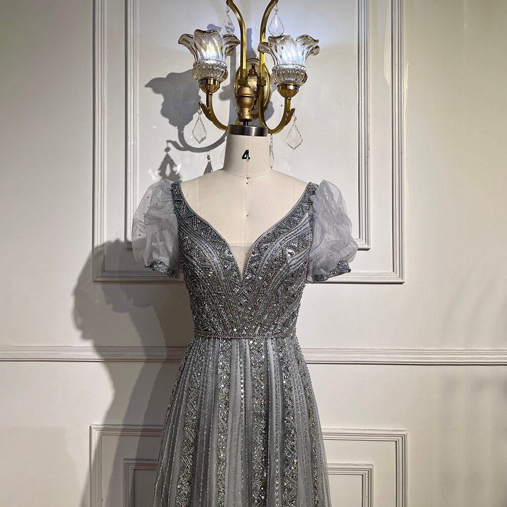 Vestidos de noche de lujo color topo, mangas cortas, corte A, con cuentas, para mujer, boda, fiesta, LA71551 