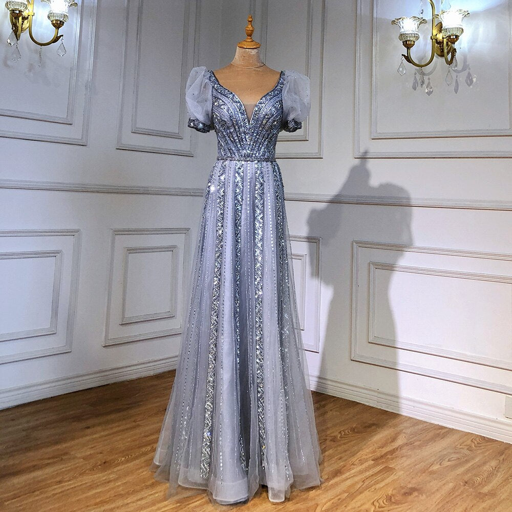Vestidos de noche de lujo color topo, mangas cortas, corte A, con cuentas, para mujer, boda, fiesta, LA71551 