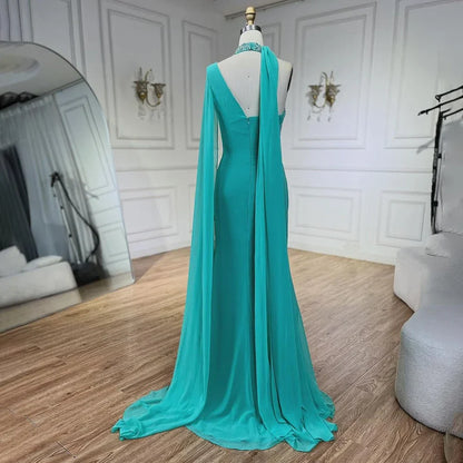 Turquoi Mermaid Evening Dresses Gowns 2025 High Split With Cape Sleeves Beaded For Women Wedding Party LA72101