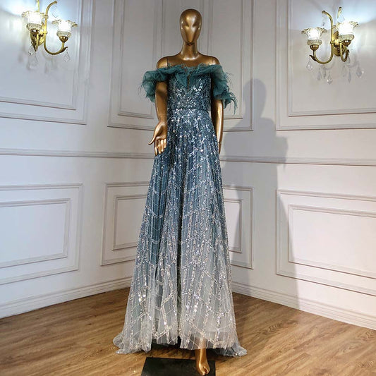 En oferta, sin devolución ni reembolso, vestido de noche turquesa de lujo en forma de A, vestido de novia con plumas y cuentas, para mujer, fiesta LA71497 