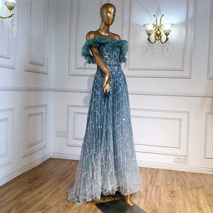 En oferta, sin devolución ni reembolso, vestido de noche turquesa de lujo en forma de A, vestido de novia con plumas y cuentas, para mujer, fiesta LA71497 