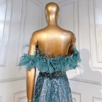 En oferta, sin devolución ni reembolso, vestido de noche turquesa de lujo en forma de A, vestido de novia con plumas y cuentas, para mujer, fiesta LA71497 