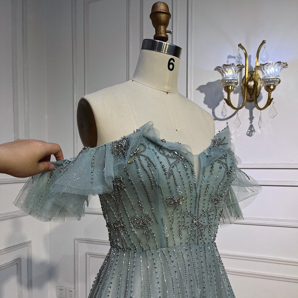 Turquoise Arabic A Line For Wedding Long Luxury 20253 Hand Made Beaded Formal Prom Dress Party Gown LA72064