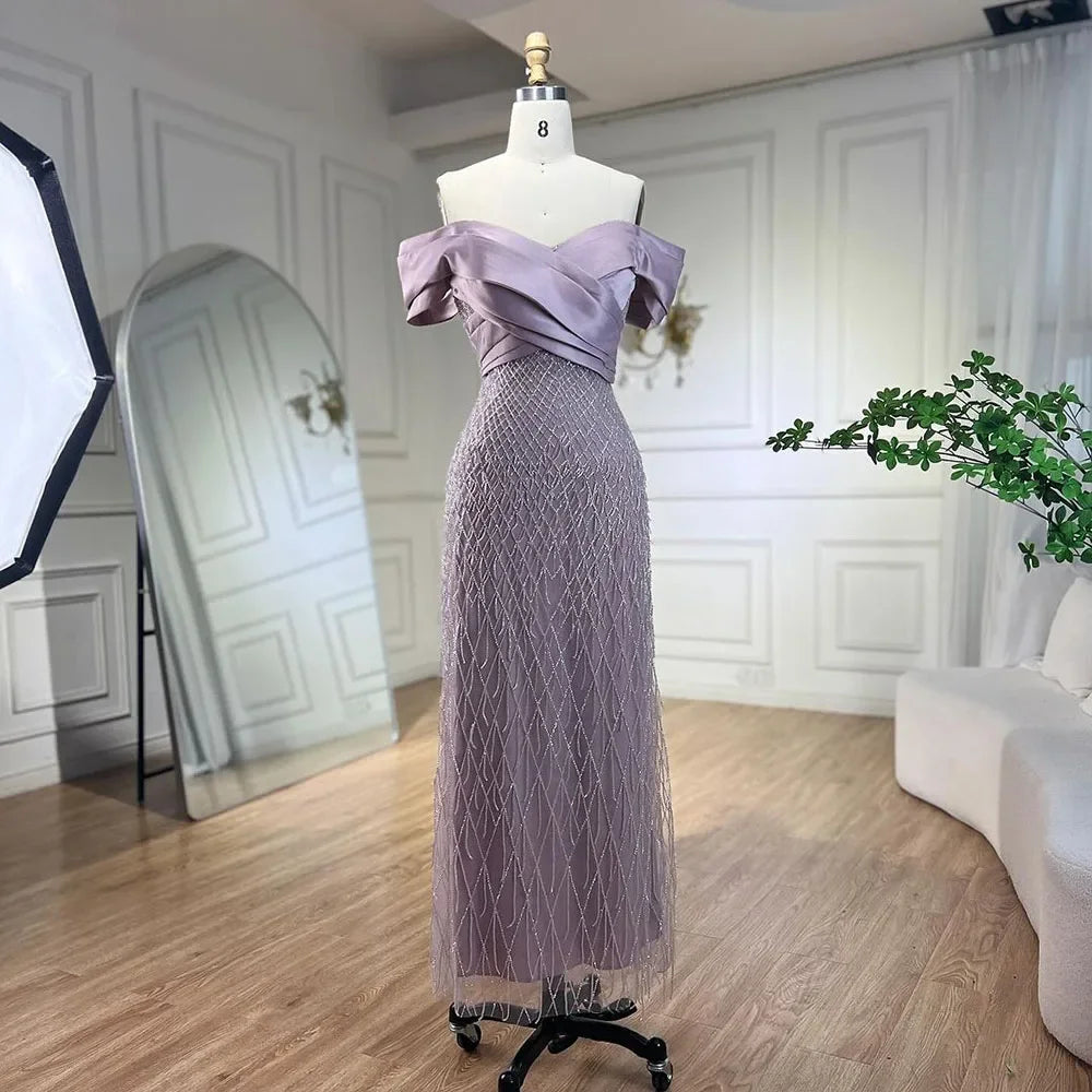 Elegante vestido de noche verde salvia con hombros descubiertos para mujer LA72125