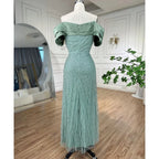 Elegante vestido de noche verde salvia con hombros descubiertos para mujer LA72125