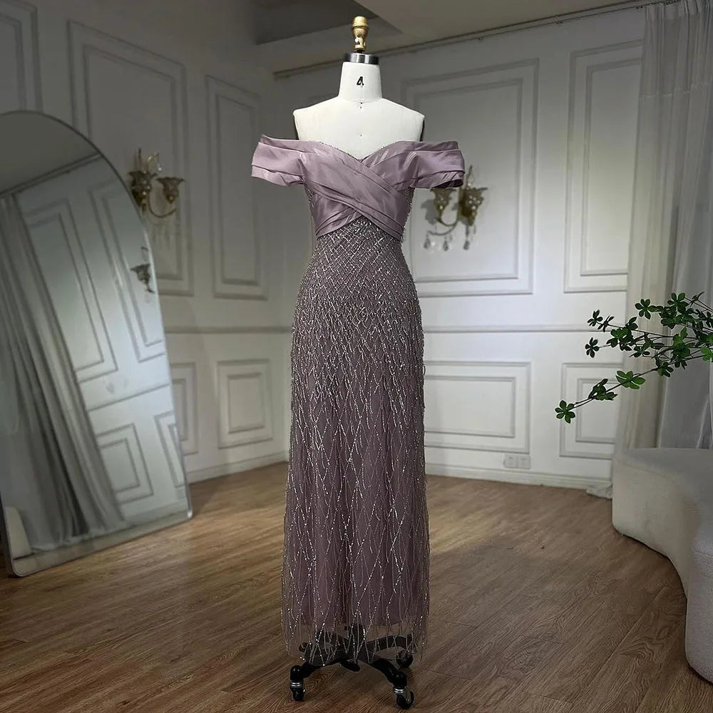 Elegante vestido de noche verde salvia con hombros descubiertos para mujer LA72125