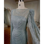 Turquoise Cape Sleeves Luxury Beaded Mermaid Arabic Evening Dresses Gowns For Women Wedding Party 2025 LA72185