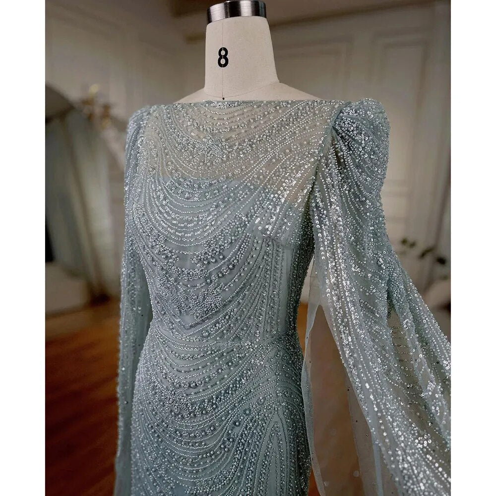 Turquoise Cape Sleeves Luxury Beaded Mermaid Arabic Evening Dresses Gowns For Women Wedding Party 2025 LA72185