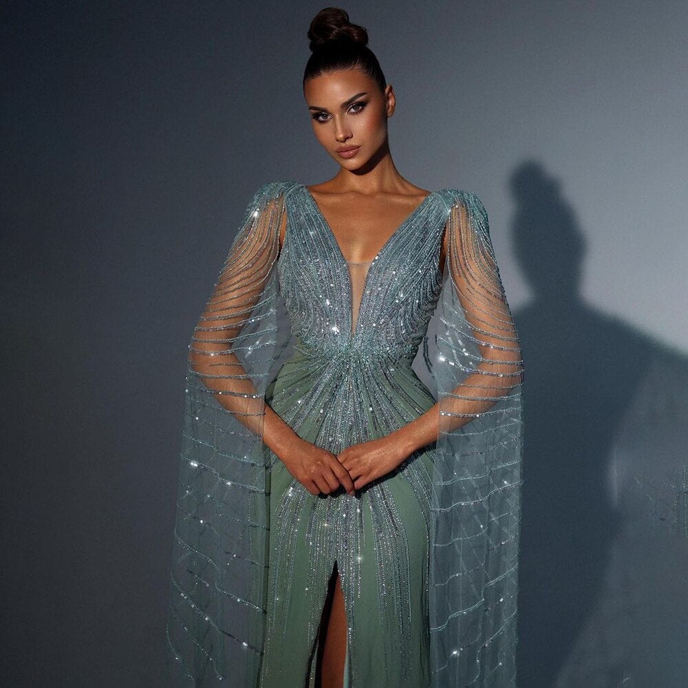 Vestidos de noche de sirena con abertura alta y cuentas de lujo con mangas capa turquesa para mujer, vestidos de fiesta de boda 2025 LA72089 
