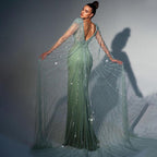 Vestidos de noche de sirena con abertura alta y cuentas de lujo con mangas capa turquesa para mujer, vestidos de fiesta de boda 2025 LA72089 