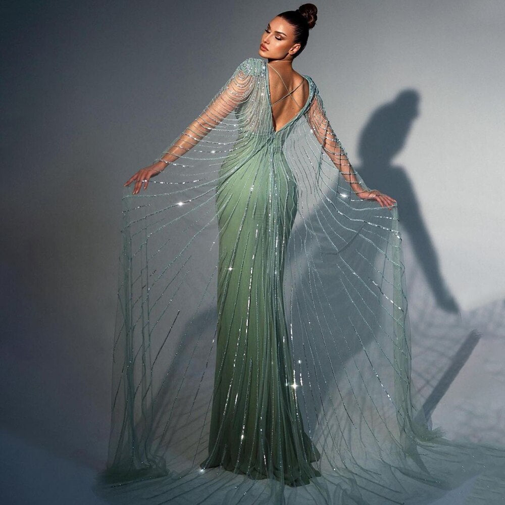 Vestidos de noche de sirena con abertura alta y cuentas de lujo con mangas capa turquesa para mujer, vestidos de fiesta de boda 2025 LA72089 