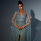 Vestidos de noche de sirena con abertura alta y cuentas de lujo con mangas capa turquesa para mujer, vestidos de fiesta de boda 2025 LA72089 