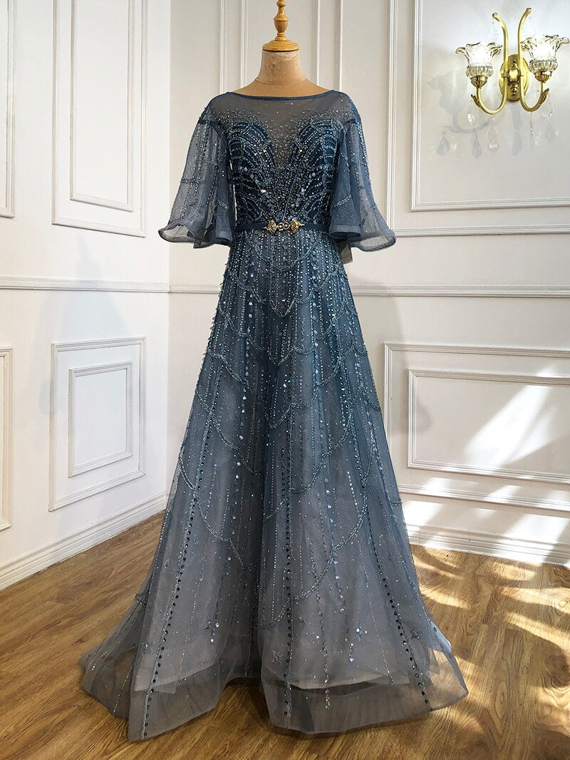 Turquoise Long Flare Sleeves Evening Dresses Gowns 2025 A-Line Luxury Beaded For Women Party LA70822