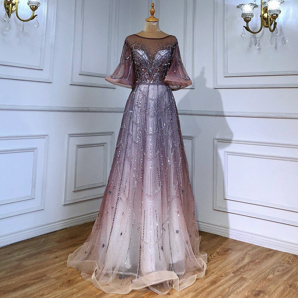 Turquoise Long Flare Sleeves Evening Dresses Gowns 2025 A-Line Luxury Beaded For Women Party LA70822