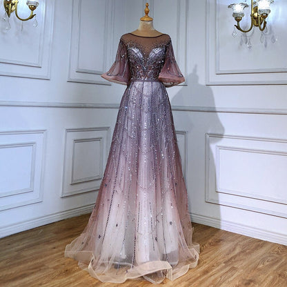 Turquoise Long Flare Sleeves Evening Dresses Gowns 2025 A-Line Luxury Beaded For Women Party LA70822