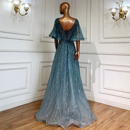 Turquoise Long Flare Sleeves Evening Dresses Gowns 2025 A-Line Luxury Beaded For Women Party LA70822