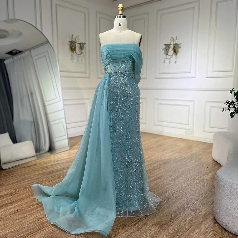 Vestido de noche turquesa de lujo con cola lateral y perlas, un hombro, para mujer, para fiesta formal de boda, LA72523 