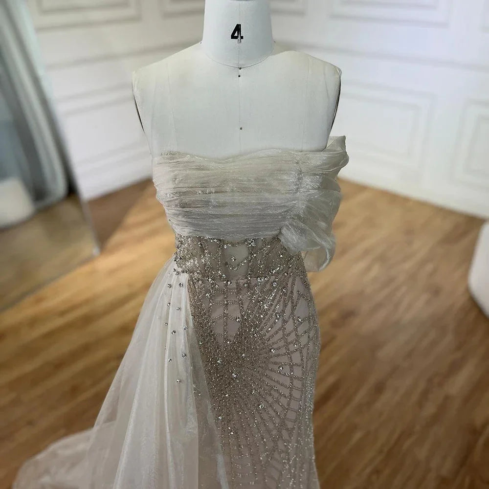 Vestido de noche turquesa de lujo con cola lateral y perlas, un hombro, para mujer, para fiesta formal de boda, LA72523 