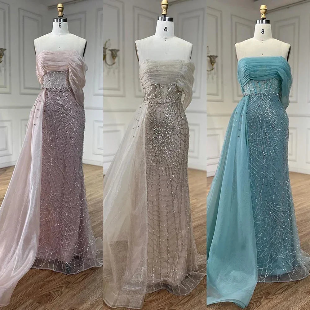 Vestido de noche turquesa de lujo con cola lateral y perlas, un hombro, para mujer, para fiesta formal de boda, LA72523 