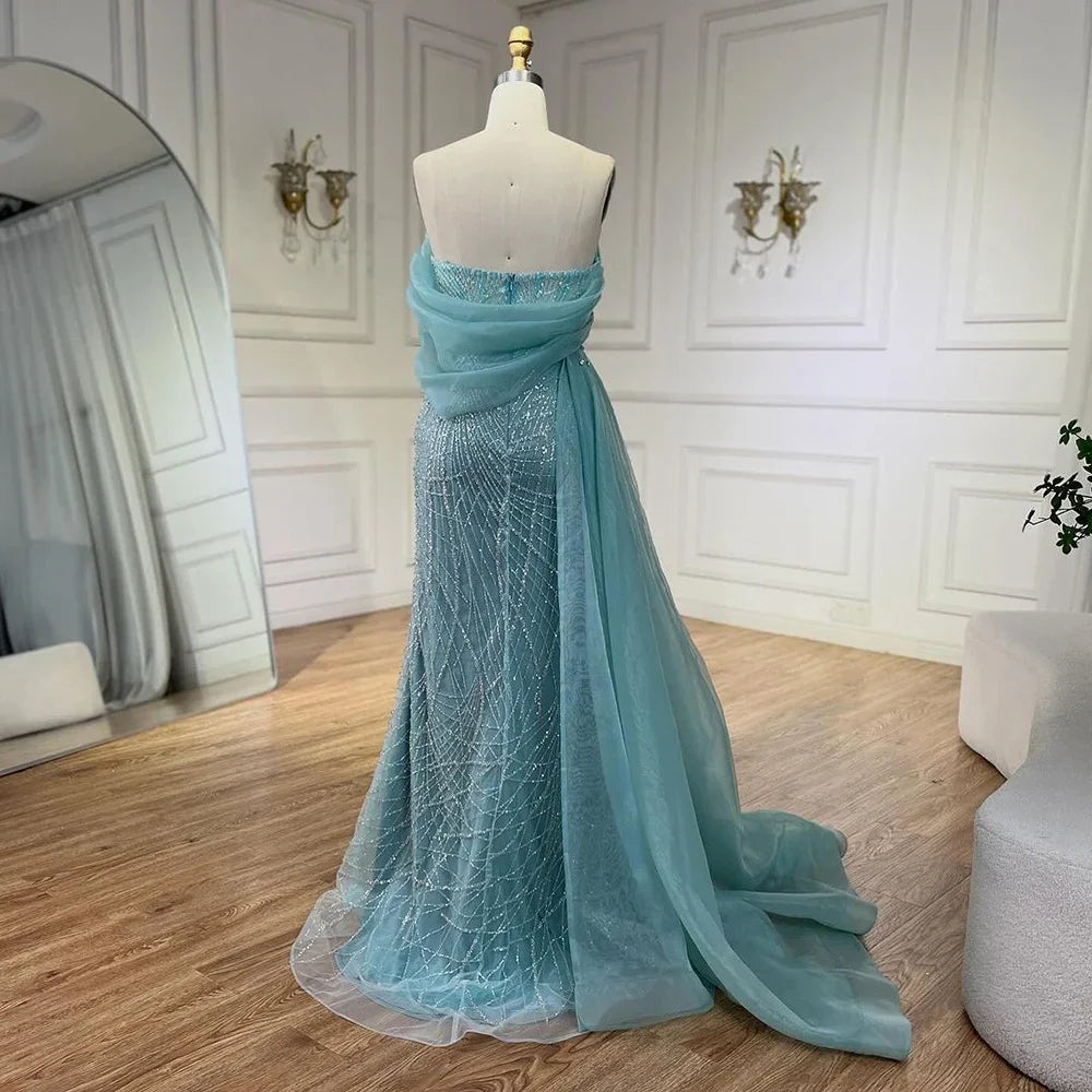 Vestido de noche turquesa de lujo con cola lateral y perlas, un hombro, para mujer, para fiesta formal de boda, LA72523 