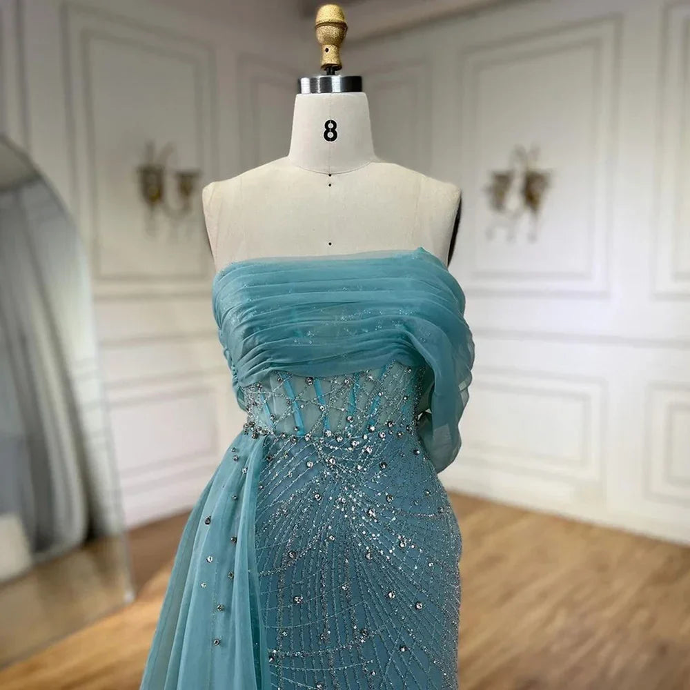 Vestido de noche turquesa de lujo con cola lateral y perlas, un hombro, para mujer, para fiesta formal de boda, LA72523 