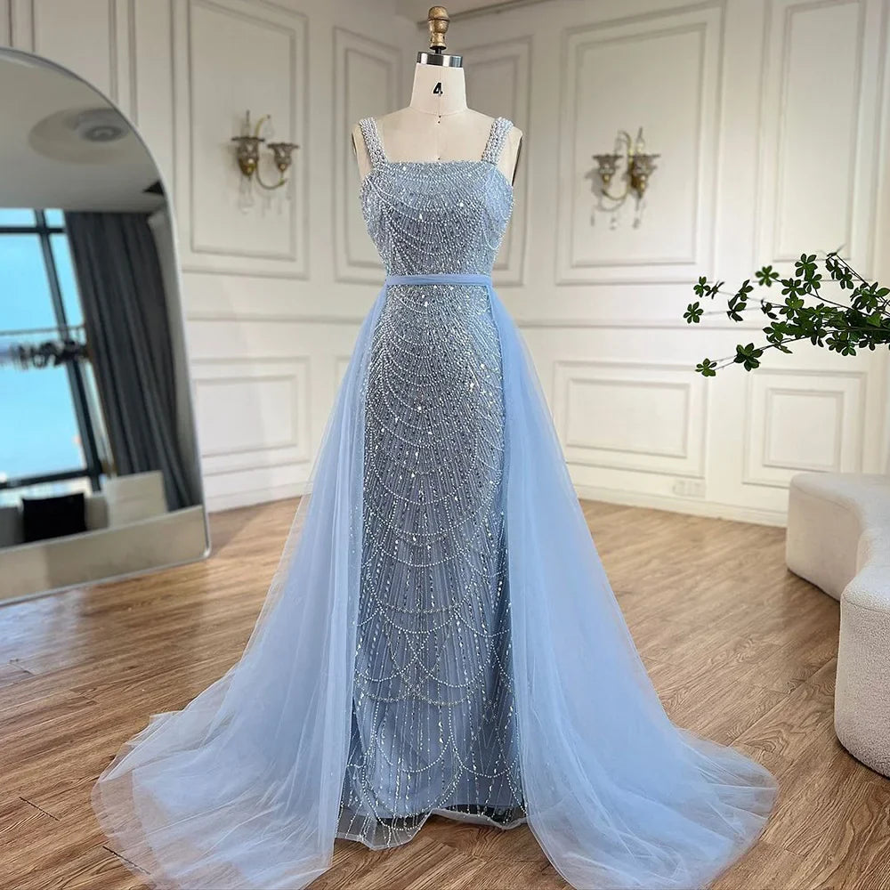 Turquoise Mermaid Beaded Pearls Spaghetti Straps and Floor Length Evening Gown Party Dress for Women 2025 LA72032C