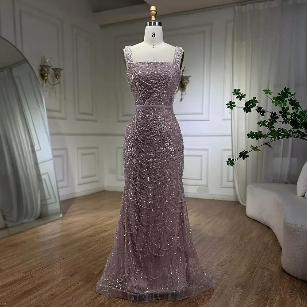Turquoise Mermaid Beaded Pearls Spaghetti Straps and Floor Length Evening Gown Party Dress for Women 2025 LA72032C