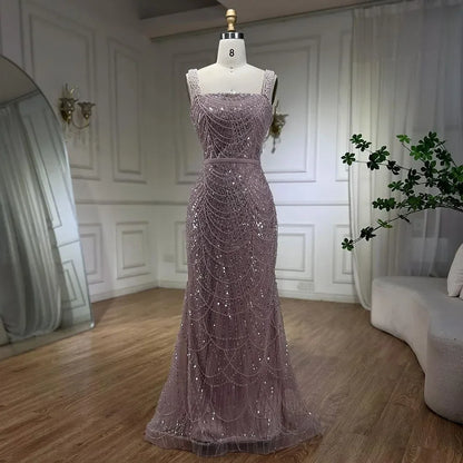 Turquoise Mermaid Beaded Pearls Spaghetti Straps and Floor Length Evening Gown Party Dress for Women 2025 LA72032C