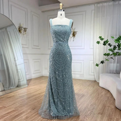 Turquoise Mermaid Beaded Pearls Spaghetti Straps and Floor Length Evening Gown Party Dress for Women 2025 LA72032C