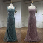 Turquoise Mermaid Beaded Pearls Spaghetti Straps and Floor Length Evening Gown Party Dress for Women 2025 LA72032C