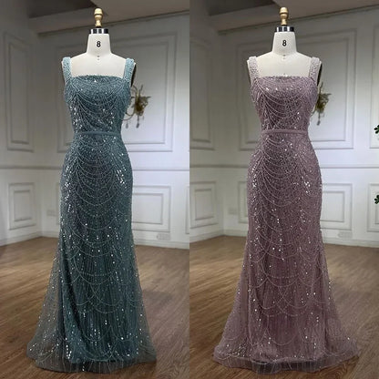 Turquoise Mermaid Beaded Pearls Spaghetti Straps and Floor Length Evening Gown Party Dress for Women 2025 LA72032C