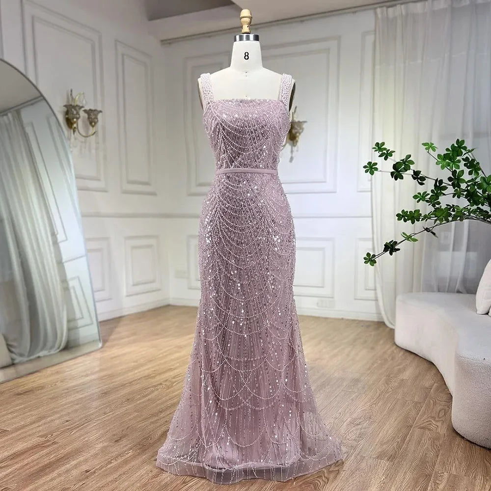 Turquoise Mermaid Beaded Pearls Spaghetti Straps and Floor Length Evening Gown Party Dress for Women 2025 LA72032C